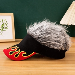 Close-up of novelty visor cap with grey synthetic hair and yellow flame embroidery