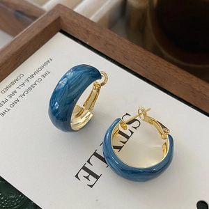 Vintage Hoop Earrings With Silver Earring Post Blue Marble Enamel Wide C Shape Gold Plated Retro Style For Women