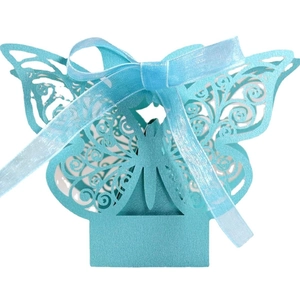Sky blue laser cut butterfly favor box with pearl paper and sheer ribbon bow