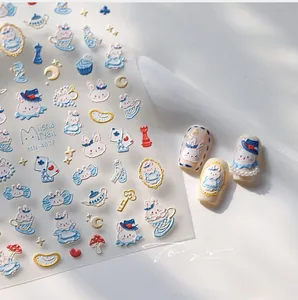 Macro detail of 3D embossed rabbit nail art stickers with Alice in Wonderland motifs