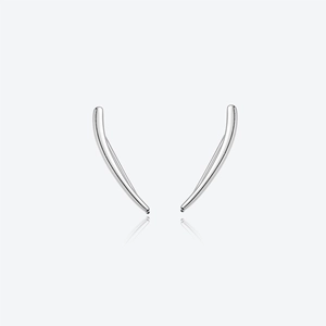 Close-up of minimalist S925 sterling silver curved arc earrings with polished finish