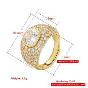 Detailed size specifications for a gold micro-pave zircon ring with square gemstone