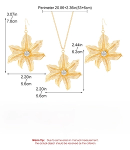 Size chart for lily pendant necklace and earrings set with crystal details in gold