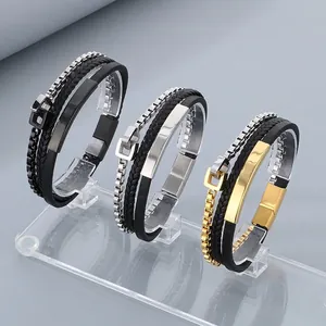 Men Multi Layer Bracelet Stainless Steel Braided Leather Rope Magnetic Buckle Industrial Punk Style Wristband