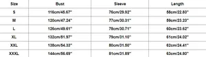 Detailed size guide table for fleece quarter-zip sweatshirt with thumbhole sleeves