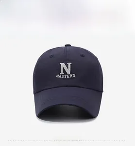 Detailed front view of navy cotton baseball cap with white N EASTERN 3D embroidery