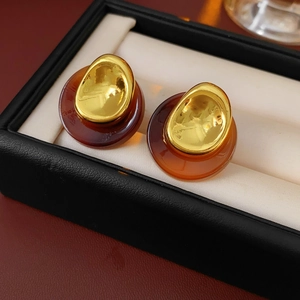 Macro shot of vintage tiger eye geometric earrings in a black leather jewelry gift box