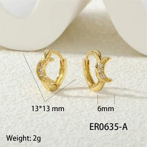 Detail of gold crescent moon hoop earrings with cubic zirconia, size 13x13 mm