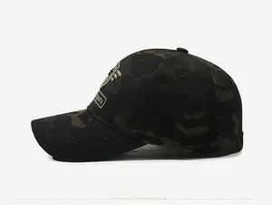Side view of camouflage baseball cap with sports shield embroidery and durable fabric