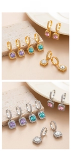 Detail view of colorful square-cut zircon drop earrings in gold and silver finishes