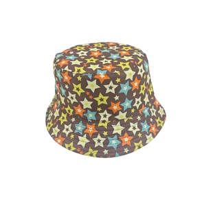 Detailed close-up of multicolor star pattern print and fabric texture on a bucket hat