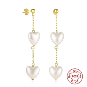 S925 sterling silver drop earrings with golden chains and white heart-shaped pearls