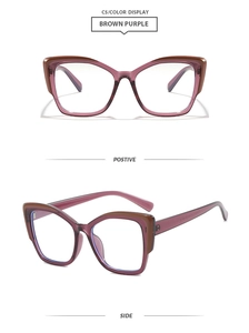 Dettaglio frontale e laterale degli occhiali cat-eye marrone viola in TR con lenti anti-luce blu