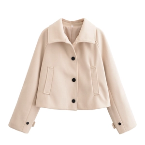 Women Short Woolen Like Jacket Lapel Single Breasted Long Sleeve Solid Color Casual Outerwear Coat