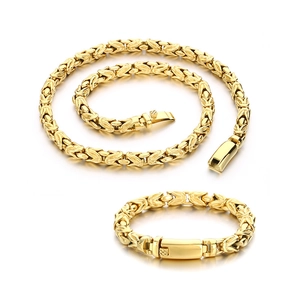Men's hip hop gold Byzantine style necklace and bracelet set with fold-over clasp