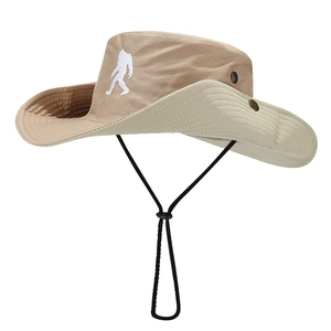 Khaki outdoor sun hat with Bigfoot embroidery and adjustable chin strap on white background