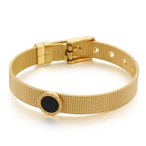 Golden mesh band bracelet with Roman numeral black disc dial and adjustable buckle closure