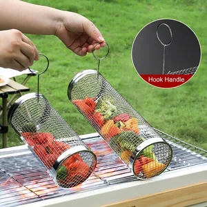 Rotating stainless steel rolling grill basket set for outdoor barbecue and camping