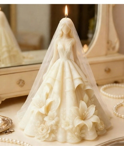 Detail of bridal dress candle with floral relief and delicate lace veil on vanity