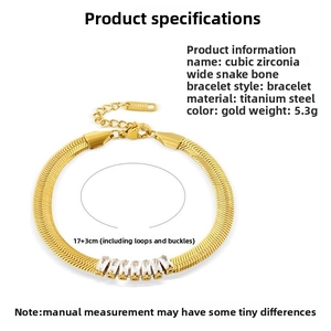 Detailed view of gold plated snake chain bracelet with five rectangular cubic zirconia
