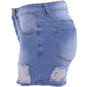 Women's light blue high-waisted denim shorts with ripped details and frayed hem tassels