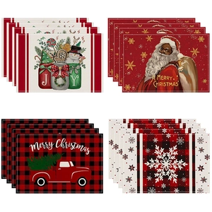 Christmas Placemats Waterproof Linen Polyester Heat Resistant Non Slip Holiday Dining Table Decor Santa Reindeer Print