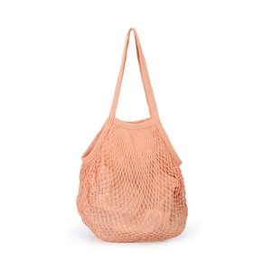 Detailed view of pink-orange mesh woven shopping bag with dual handles and hollow structure
