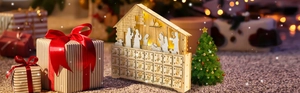 Wooden Advent calendar with LED Nativity scene and 24 numbered drawers for Christmas decor