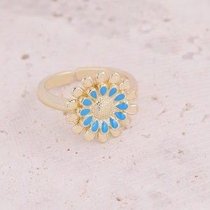 Adjustable golden sunflower ring with blue enamel petals and micro-inlaid details