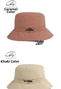 Detail view of quick-dry outdoor bucket hats in caramel and khaki with adjustable drawstrings
