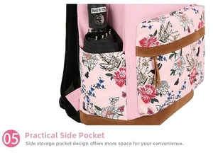 Floral print backpack side detail with storage pocket and umbrella space shown