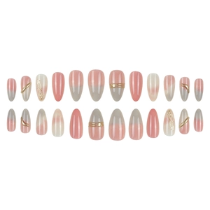 Almond fake nails with pink and grey gradient and 3D golden relief line patterns