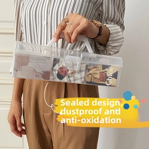 Close-up of portable transparent jewelry organizer box with white handle and dustproof seal