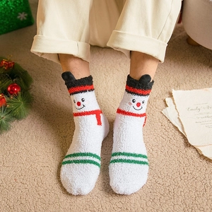 Chaussettes de Noël épaisses en polaire corail blanc avec motif bonhomme de neige