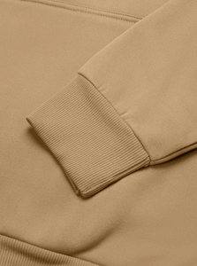 Close-up of khaki cotton hoodie showing reinforced ribbed cuff and premium knit texture