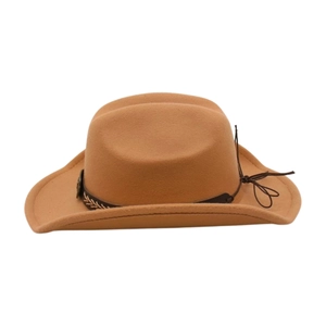 Detail of tan felt cowboy hat featuring leather band with wheat embroidery pattern