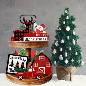 Rustic wooden Christmas tiered tray decor set featuring reindeer and farm fresh signs