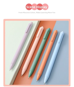 Detailed top view of five macaron colored retractable pens on a geometric background