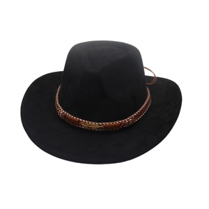 Elegant black faux suede western cowboy hat with ethnic decorative band and gold feather charm
