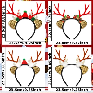 Detailed size chart showing four sequined Christmas reindeer headbands with dimensions
