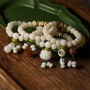 Buddhist Prayer Beads Bracelet White Bodhi Root Lotus Charm Zen Meditation Jewelry Unisex Beaded Hand String