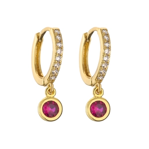 Detail of 18K gold plated hoop earrings with white zircon and red gemstone drop