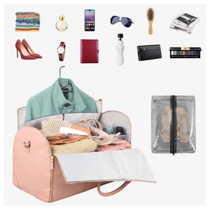 Pink PU leather travel bag set with large storage capacity for clothes and shoes