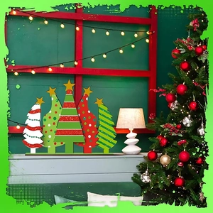 Set of five decorative wooden Christmas tree signs for festive holiday tabletop display