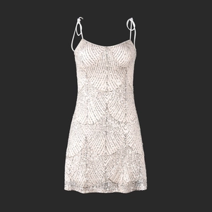 Vue détaillée des paillettes argentées et du tissu en maille fine sur la robe de soirée