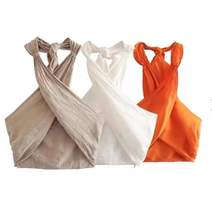 Damen-Halter-Top-Set mit Überkreuzung in Khaki, Weiß und Orange aus Strukturstoff