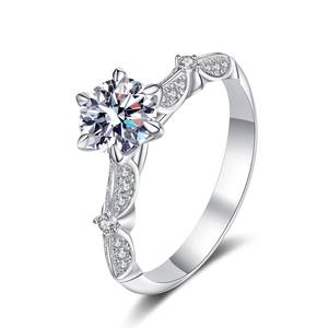 Elegant S925 sterling silver moissanite ring with six-prong setting and side accent stones
