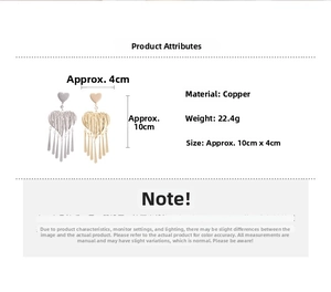 Size chart showing 10cm heart tassel earrings dimensions and 22.4g weight details