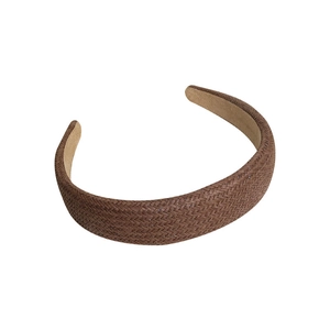 Brown woven cotton linen wide headband for women in a minimalist solid retro style