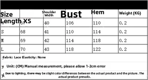 Size chart showing XS to L dimensions for the lace shirt with 1-2cm error margin